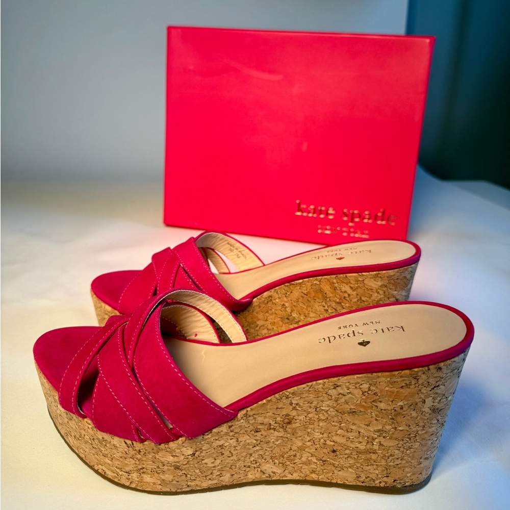 Kate Spade Talcott Pink Suede Cork Wedge Sandals Crisscross Platform NIB Size 7 - Picture 9 of 14
